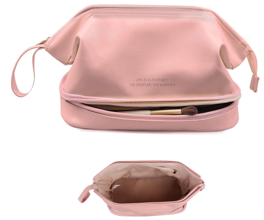 GRINKO Makeup Bag, Large Cosmetic Bags for Women, Travel Toiletry Bag Waterproof Portable Pouch, Make up Organizer with Handle and Divider, Pink