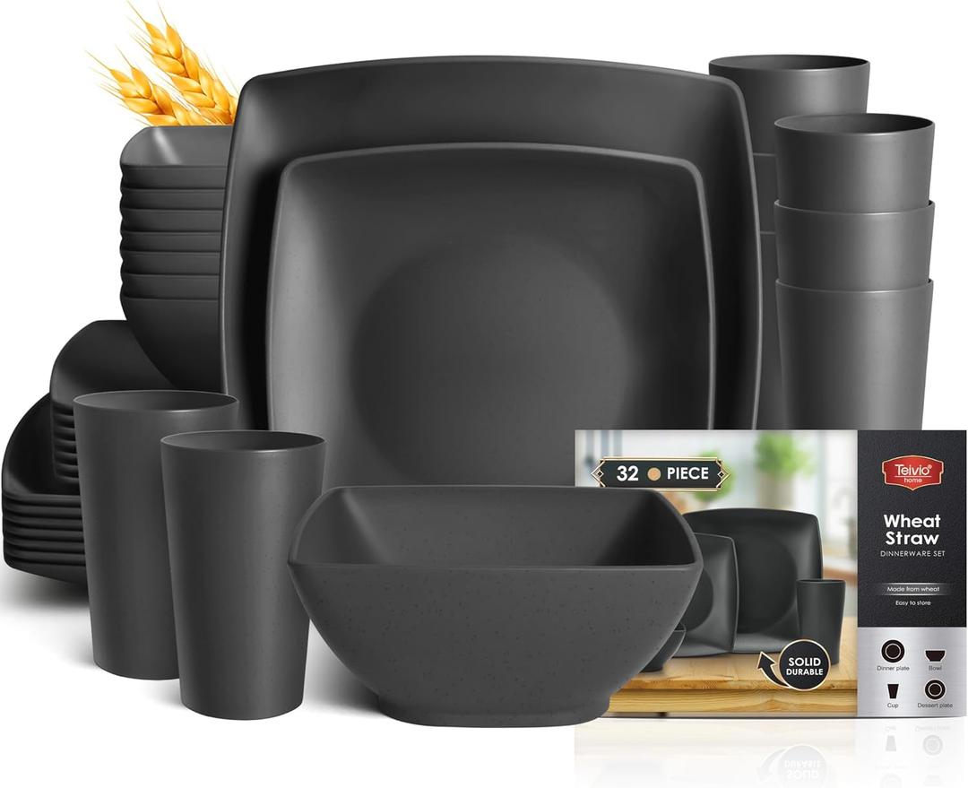 Teivio 32piece Plastic Kitchen Wheat Straw Square Dinnerware Sets,Service for 8, Unbreakable Dinner Plates, Salad Plates, Snack Bowls, Mugs, Dishwasher Safe,Camping Dishes, Black