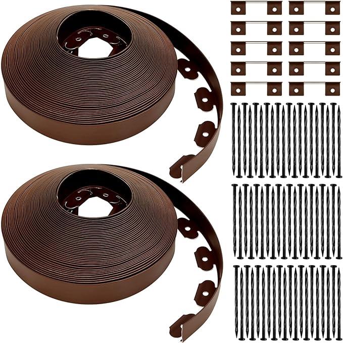Sasylvia 2'' x 200' Landscape Edging Kit Edging Border Coil Include Anchoring Spikes 10 Connectors Plastic Garden Border for Lawn Garden Grass Yard Home(Brown)