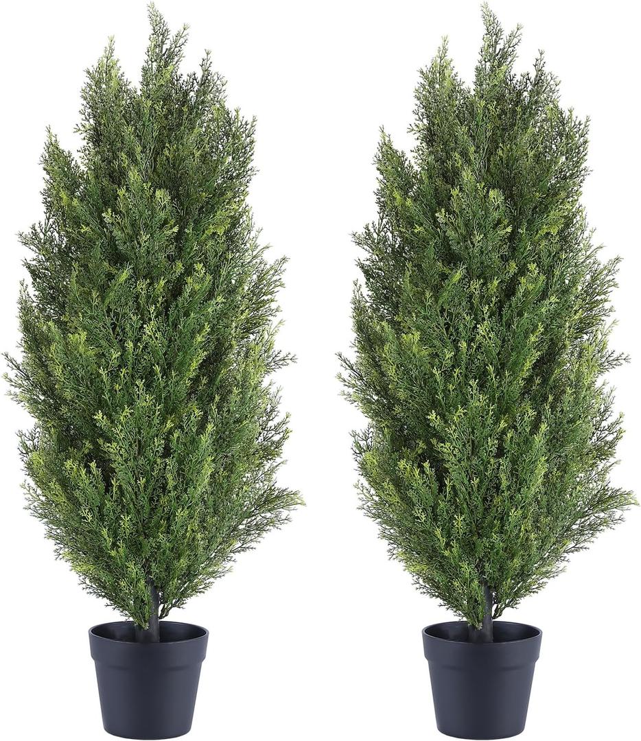 3ft Cedar Artificial Topiary Trees Outdoor Set of 2 - UV Resistant Faux Potted Plants, Fake Pine Evergreen Bushes & Shrubs for Front Door, Porch, Patio, Planter Decor 3 Foot (Cypress)