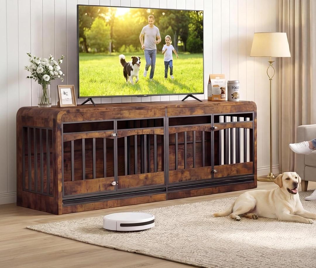 Homiflex 72" Double Dog Crate Furniture, Dog Crates for 2 Medium Dogs | Dog Cage TV Stand Side Table Wooden Indoor Dog Kennel with Removable Divider & Pull-Out Tray, Rustic Brown