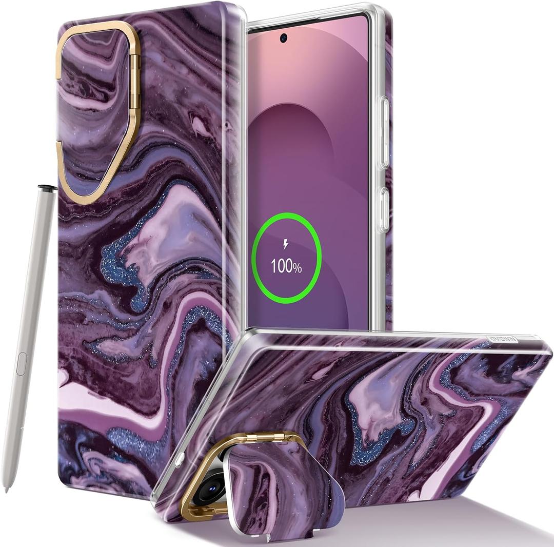 GVIEWIN Magnetic for Samsung Galaxy S25 Ultra Case with Camera Cover Kickstand, [Compatible with MagSafe] [Screen Protector] Mil-Grade Drop Protection Marble Phone Case 6.9" (Quicksand/Purple)