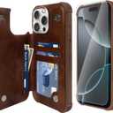 VANAVAGY Compatible for iPhone 16 Pro Max Wallet Case with RFID Blocking Card Holder, PU Leather Flip Cover Magnetic Clasp Kickstand Card Slots Case with Screen Camera Protector,Brown
