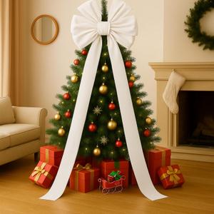 Hungdao Extra Large Christmas Tree Topper Bows 70.9 x 19.7 Inch Giant Oversized Huge Christmas Velvet Decorative Bows with Long Streamers for Tree Front Door Patio Outdoor Decor(Classic,White)