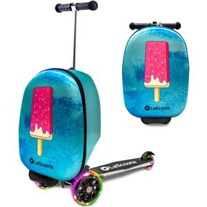 Lascoota Scooter Suitcase - Foldable 2-in-1 Luggage - LED Light Wheels & Lightweight Carry Luggage - Overhead-Ready Carry Suitcase for Kids - Ice Cream, 17.3 x 12.4 x 8.7 in