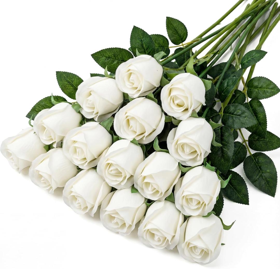15 Pcs White Rose Buds Silk Artificial Flower 17" Silk Bud Realistic Design Faux Rose Artificial Flower with Stem for DIY Bouquets Wedding Centerpiece Party Kitchen Home Decor