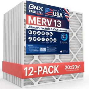 BNX TruFilter 20x20x1 MERV 13 (12-Pack) AC Furnace Air Filter - MADE IN USA - Electrostatic Pleated Air Conditioner HVAC AC Furnace Filters - Removes Pollen, Mold, Bacteria, Smoke