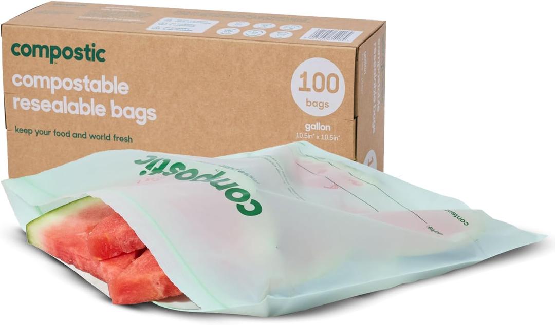Compostic Compostable Gallon Bags (100 Count) Bulk Pack Resealable Zip-Seal, Plant-Based, Home Compostable, Freezer Safe, BPA-Free, Non-Toxic, GMO-Free Food Storage Bags