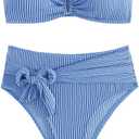 WDIRARA Women's 2 Piece Bikini Set Rib Knit Strapless Knot Front High Waist Swimsuit Set Solid Blue Large