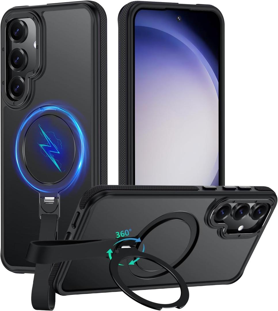 360Spin Magnetic Stand with Silicone Strap for Samsung Galaxy S23 Case [Fit for MagSafe], Mil-Grade Shockproof Translucent Slim Phone Case with Kickstand&Ring Holder for S23 (Black)