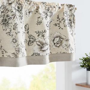 jinchan Linen Valance Curtain Farmhouse Black Floral Small Window Curtain Double Layer Light Filtering Fall Valance for Kitchen Rustic Biege for Living Room Bedroom 16 Inch Rod Pocket One Panel