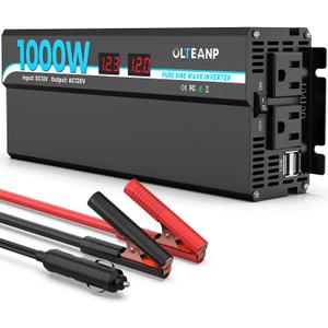 OLTEANP 1000W Pure Sine Wave Power Inverter with 2 AC Outlets, 2 USB Ports, LCD Display, 12V to 110V Car & Home Inverter for Vehicles, Laptop