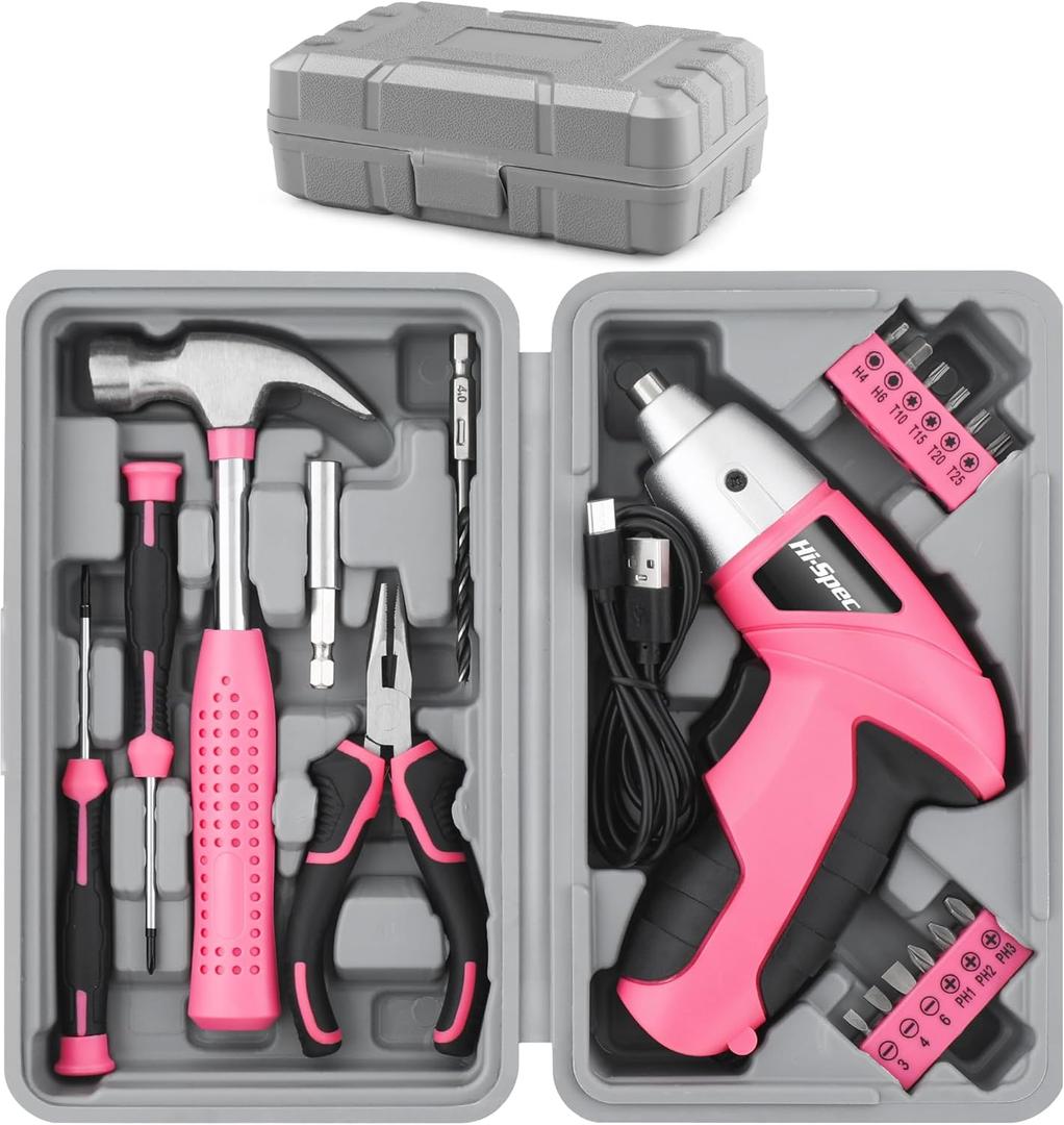 Hi-Spec Cordless Electric Screwdriver, Power Screw Driver Set with Pink Compact Tool Kit for Small Repair and Maintenance- Ideal Housewarming Gift,19 Piece
