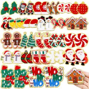 Yilloog 48 Pcs Self Adhesive Christmas Iron on Patches Chenille Embroidered Iron Sew on Patches Xmas Applique Santa Snowman Gingerbread DIY Accessory for Clothes Hats Jeans Dress Socks(Christmas)