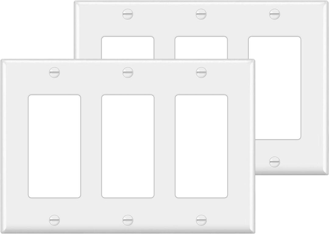 [2 Pack] BESTTEN 3-Gang Decorator Wall Plate, GFCI Outlet and Dimmer Switch Cover with 3 Decorator Openings, Standard Size, H4.53 x L6.38, Unbreakable Polycarbonate, UL Listed, White