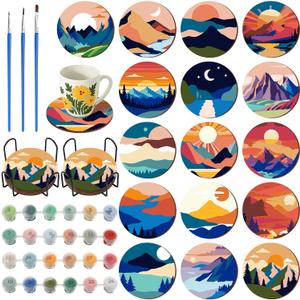 Reallnaive 8 Pcs Mountain Paint by Numbers Kit for Adults Cute Coasters with Holder Mini Paint by Numbers Kits Round Oil Painting Drink Coaster for Small DIY Craft Birthday Gift