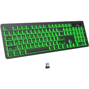 KOPJIPPOM Large Print Backlit Wireless Keyboard, 2.4G Silent Wireless Light Up Keyboard, Full Size Computer Keyboards with 7 Colored Backlits, Rechargeable Keyboards for Windows, PC, Laptop