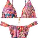 Women's 2 Piece Floral Tropical Print Bikini Set Boho Triangle Bathing Suit Tie Backless Swimsuit Sets (Deep Pink, XS)