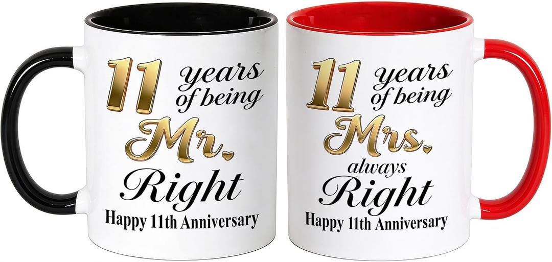 11 Year Wedding Anniversary Couple Gifts - Mr Right Mrs Always Right 11oz Coffee Mugs Set of 2, 11th Anniversary Party Decor Gifts for Parents Wife Husband Lovers Aunt Uncle(11Y)