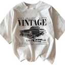 RoseSeek Women's Graphic Letter Tee Crew Neck Drop Shoulder Trendy Summer T Shirt Short Sleeve Vintage Car Print Top XXL