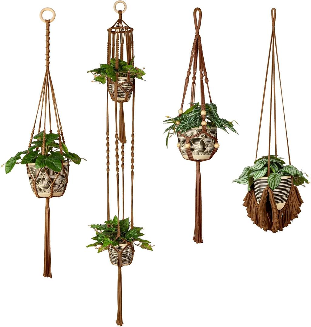 ANROYE Macrame Plant Hanger for Indoor Set of 4, Bohemian Hanging Planter with Tassels for Flower Pot, Boho Decorative Houseplant Rope Holder for Home Decor Bedroom Window Farmhouse (Dark Brown)
