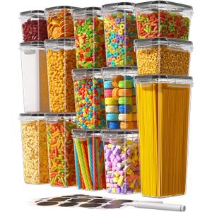 Airtight Food Storage Containers with Lids, 15 PCS Kitchen and Pantry Organization Canisters, BPA-Free, PVC-Free, Food-grade Plastic Leak-proof Jars for Cereal, Flour, Sugar, Extra 24 Labels & Marker
