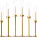 Hewory Gold Tall Hurricane Candlestick Holders: 6Pcs Brass Taper Candle Holder Candelabra Centerpieces, Candle Stick Holders with Candle Cover for Wedding Dinner Christmas Decor