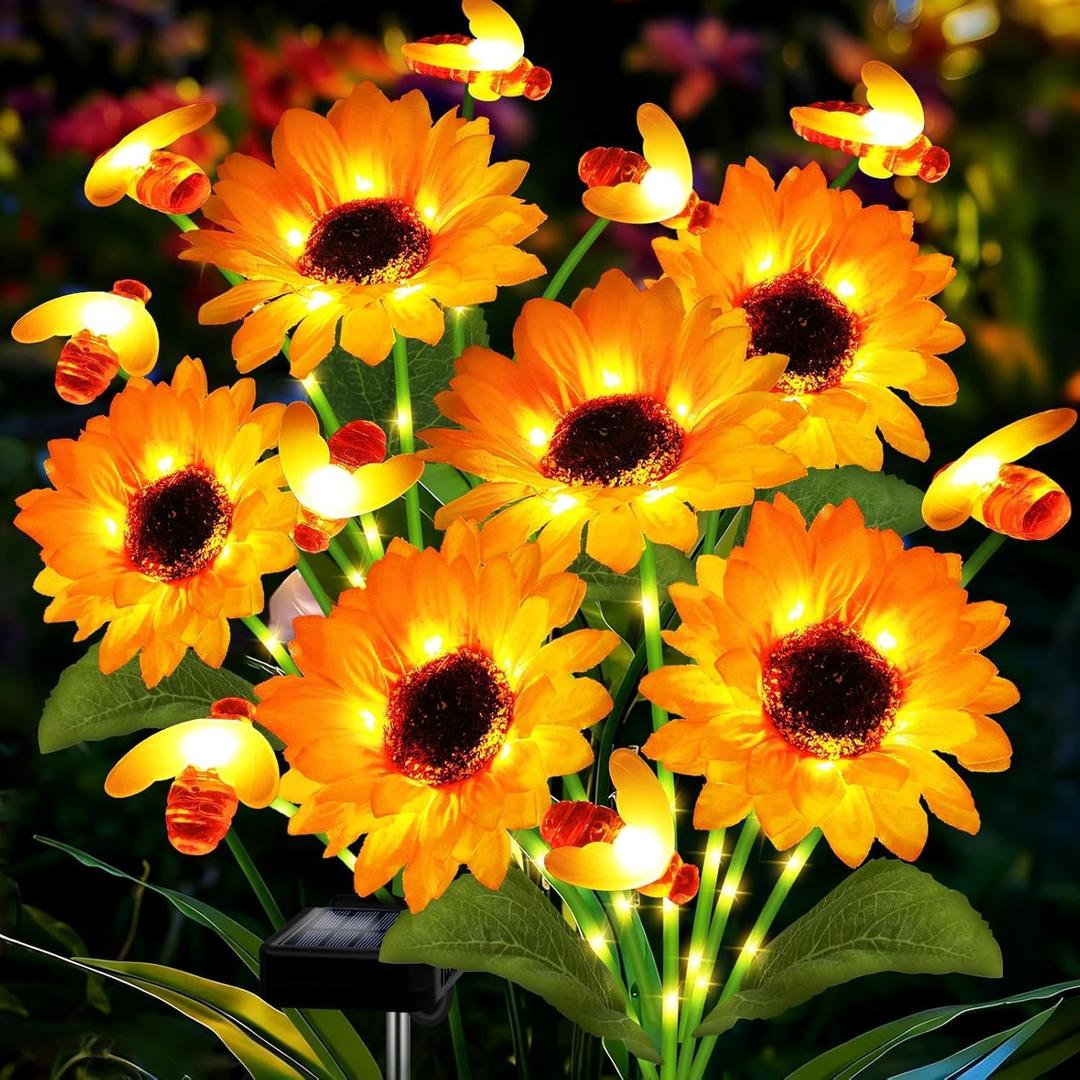 Hortsun 2 Pack Sunflower Bee Solar Lights Outdoor Decor Waterproof Solar Lights with 6 Sunflower and 8 Bee for Yard Front Yard Garden Lawn Patio Outside Decor