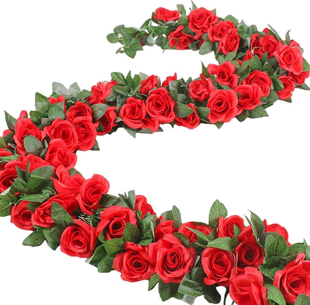 16 FT Fake Rose Vine Garland Artificial Flowers Plants Hanging Rose Ivy Home Hotel Office Wedding Party Garden Dcor (Red/2PCS)