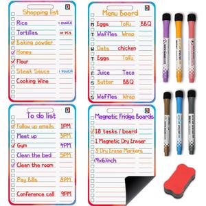 4 PCS Magnetic Dry Erase Shopping List for Fridge with 6 Fine Point Dry Erase Markers | 6x9 Grocery List Magnet Pad  Magnetic Shopping List Pad - Dry Erase Fridge Notepad with Magnet