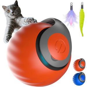3 x Interactive Cat Ball for Indoor Cats - Dual-Speed Automatic Rolling Ball Toy with 90Min Run Time, Plush + Feather Tails, Energetic Cat Chase Exercise, Blue/Orange, 1PC