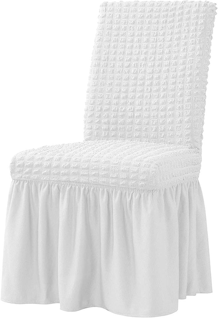 XMNTG Dining Room Chair Slipcovers 1-Piece Stretch White Dining Chair Covers Dorm Chair Cover Non Slip Washable Furniture Protector with Skirt Country Style for Hotel Ceremony Party (White)