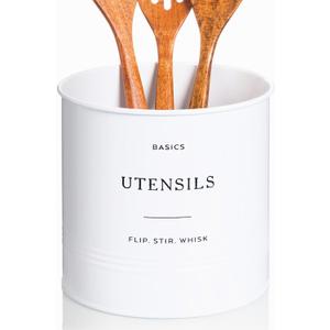 D'Lifeful Kitchen Utensil Holder for Countertop - 7" x 7" Large Utensil Holder for Kitchen Counter - Farmhouse Spatula & Cooking Tools Organizer - White Metal Crock for Modern Aesthetics