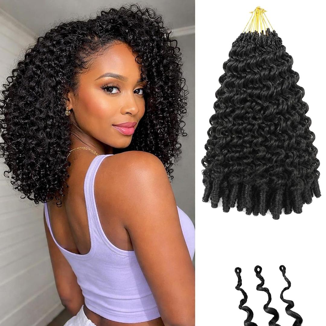 8 Packs Burmese Curly Crochet Hair 16 Inch - Pre looped Pure Protein Fiber Close to Human Hair for Black Women, Knotless Bohemian Braids Hair Extensions, 128 Strands Natural Black 1B#