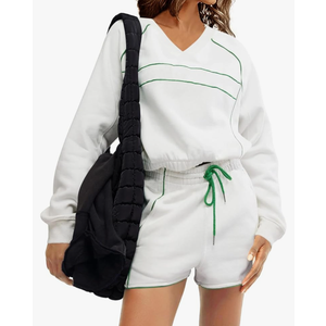 Fisoew Womens Sweatsuits 2 Piece Outfits V Neck Fleece Sweatshirts Contrast High Waisted Shorts Casual Tracksuits Lounge Sets L