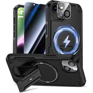 Goton for iPhone 14 Case with Privacy Tempered Glass Screen Protector & Camera Lens Protector, Compatible with MagSafe, Invisible Kickstand, Shockproof Phone Cover for iPhone 14, Black