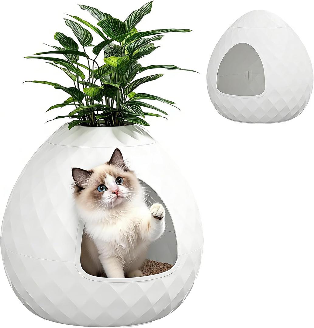 Plant Litter Box Egg-Shaped, Hidden Cat Litter Box Enclosure - Secret Small Litter Box Furniture with Two Interchangeable Top, for Living Room Corner, Ivory White, 20"×20"×19.6"