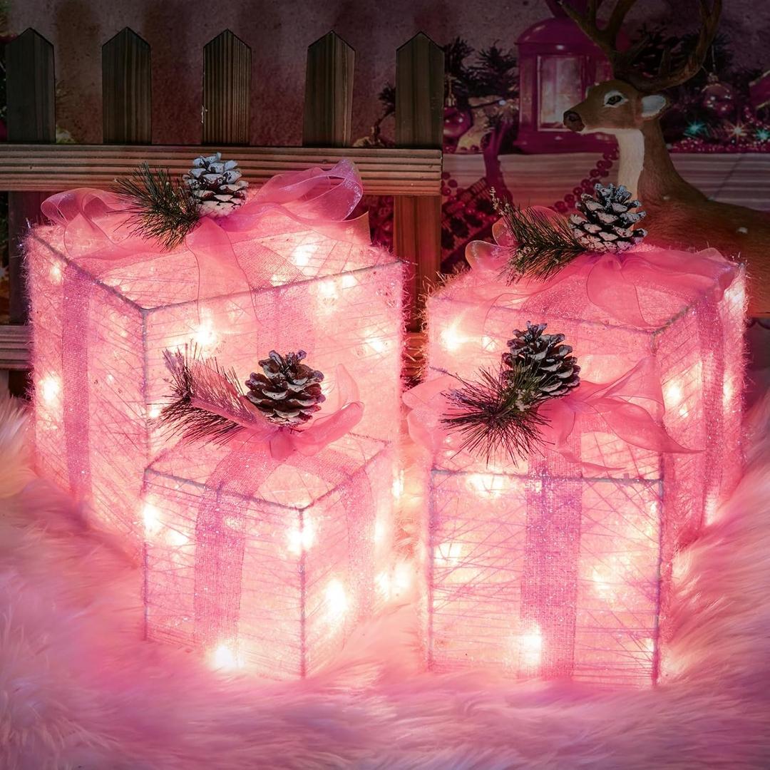 Set of 4 Pink Christmas Lighted Gift Boxes, Pre-lit Light up Present Set with Different Sizes for Holiday Indoor Outdoor Decorations - Battery Operated (Pink)