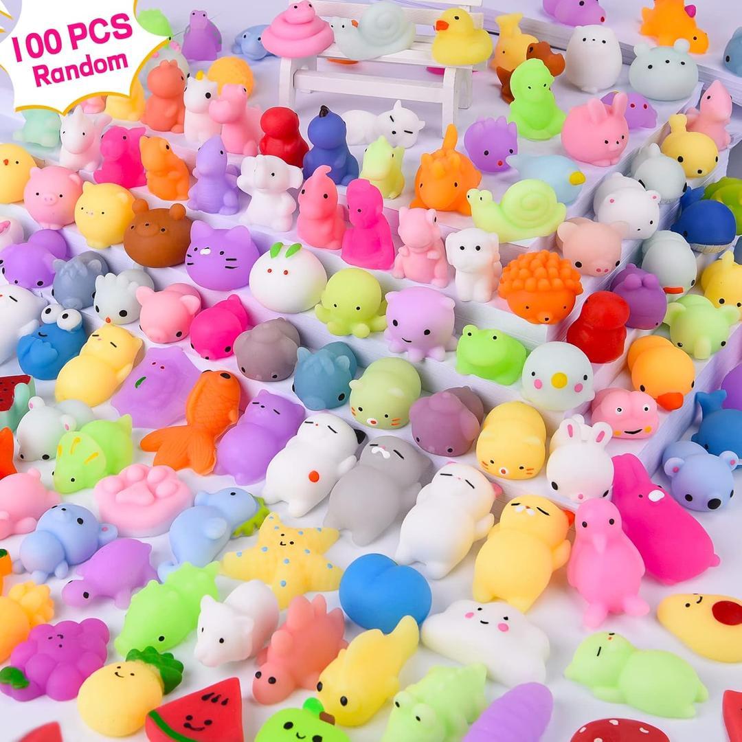 100PCS Kawaii Squishies, Mochi Squishy Toys for Kids Party Favors, Mini Stress Relief Squishy Fidget Toys for Classroom Prizes for Kids Party Favors Goodie Bags Stuffers with Storage Bag, Animal Fruit
