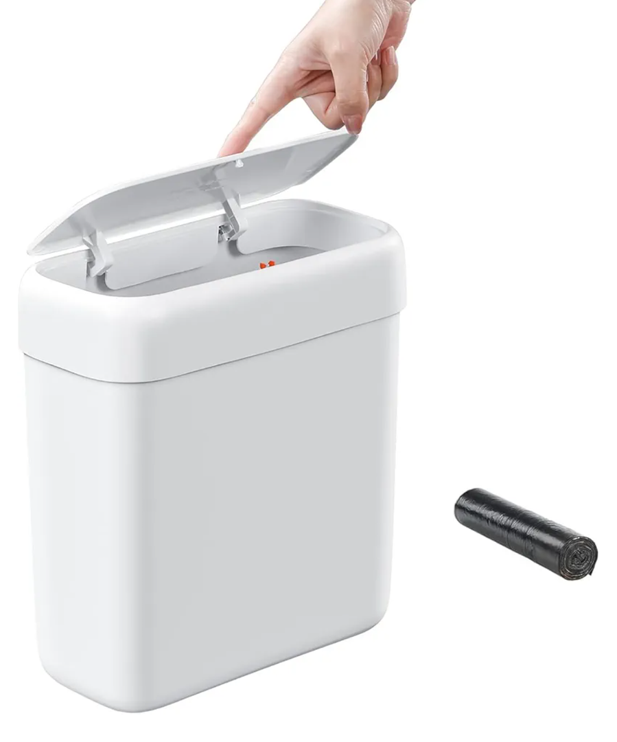 funest Bathroom Small Can with Lid, 13 Liter/3.4 Gallon Slim Garbage Bin with Press Top Lid, White Wastebasket for Bedroom, Office, Kitchen, RV