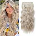 REECHO Clip in Hair Extensions, 4PCS Blonde Hair Extensions 24" Thick Long Beach Waves hair extensions HE003 Invisible Lace Weft Natural Soft Hairpieces for Women Ash Blonde with Highlights