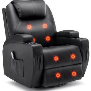 Recliner Chair, Rocking Chair with Massage and Heat, 360 Swivel Recliner Chairs for Adults, Rocker Manual Recliner with Remote Control and Cup Holder for Living Room, Bedroom, Nursery (Black)