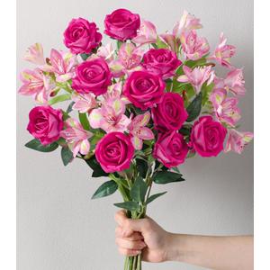 Fake Flowers, 14 Pcs Fake Roses & Lilies Flowers Artificial Flowers Faux Flowers Silk Flowers Real Touch Faux Flowers for Vase Room Decor Gifts For Women Baby Shower Decorations Kitchen Decor