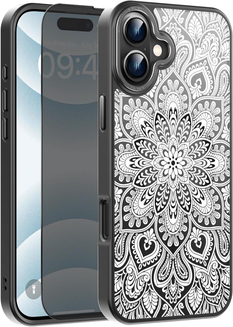 FUNMIKO for iPhone 16 Plus Case with Privacy Screen Protector, Wireless Charging Compatible, Shockproof Translucent Matte Cover - Cute Floral Design Phone Case for Women Girls - Mandala Flower
