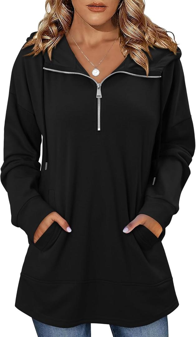Onlypuff Women Hoodie Pullover Trendy Quarter Zipper Lapel Sweatshirts Drawstring Cute Hooded Tunic Tops with Side Pockets (Black, L)