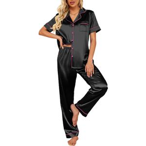 Ekouaer Silk Satin Pajamas Set Women Short Sleeve Sleepwear Soft Button Down Loungewear Pjs Set (X-Large, Black Pink)