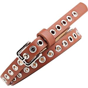 2 x Feluz Women Belt Thin Pants Strap Grommet Alloy Buckle PU Leather Width for Lady Dresses (Brown)