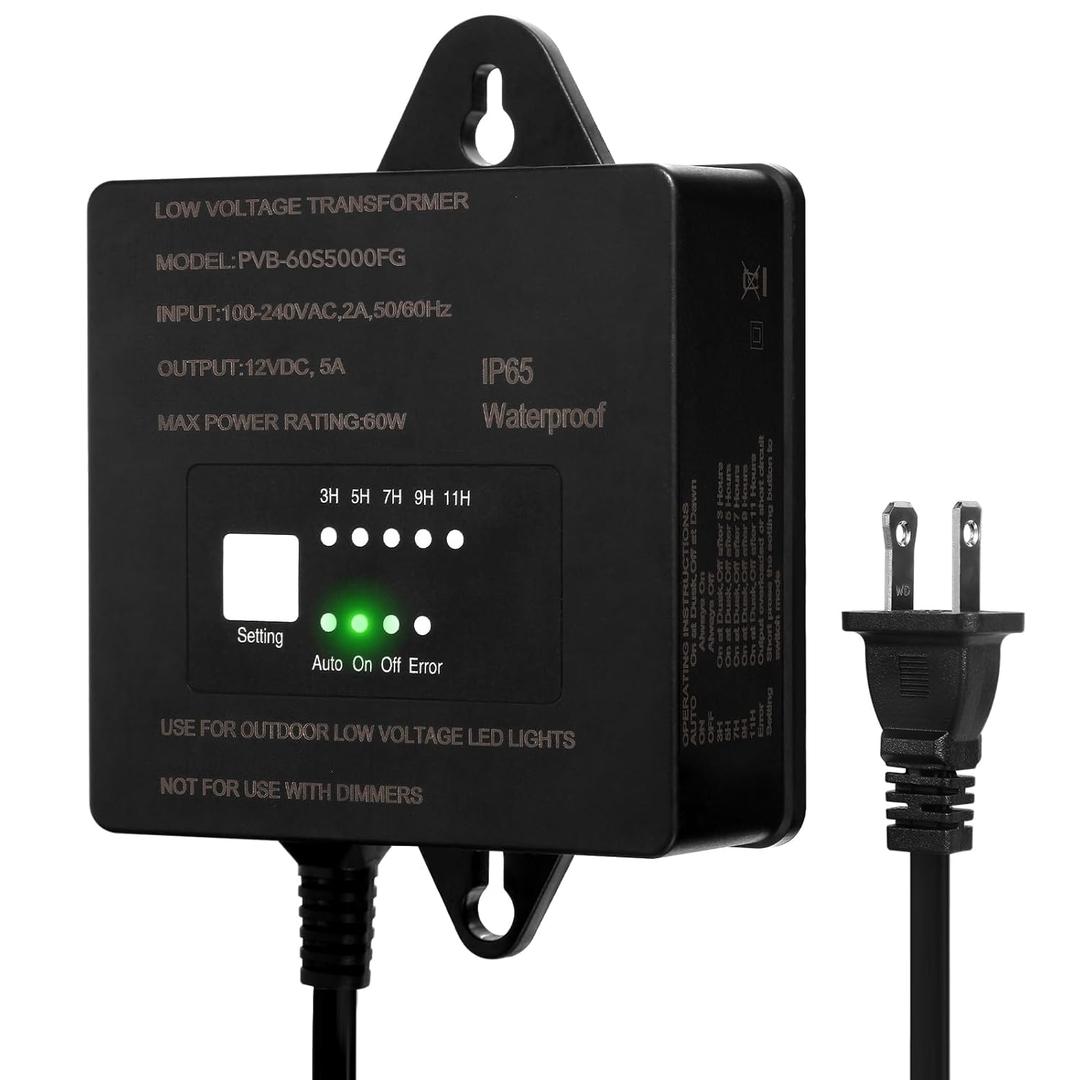 60W Low Voltage Transformer with Timer and Photocell Sensor, 120V AC to 12V DC, IP65 Waterproof, Supply for LED Landscape Light, Outdoor Spotlight, Pathway Light,Garden Light
