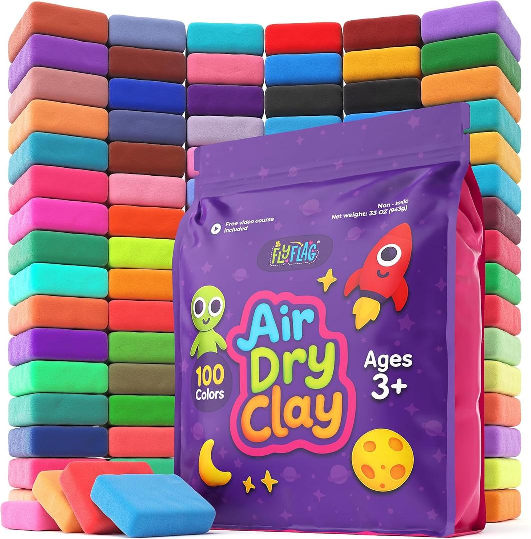 FlyFlag Air Dry Clay - 100 Colors, Ultra Light and Soft, Non-Toxic Modeling Clay for Kids with Tools and Tutorials, for Creative Play and Learning (Multicolor)