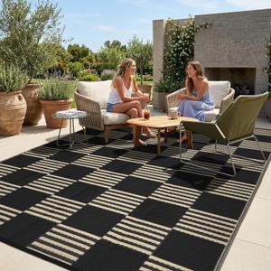 Garvee Waterproof Outdoor Rug 8x10, Checkered Foldable Plastic Straw Patio Camping Rug, Outdoor RV Carpet for Deck Camper Porch Balcony Backyard Picnic Beach Black and Brown